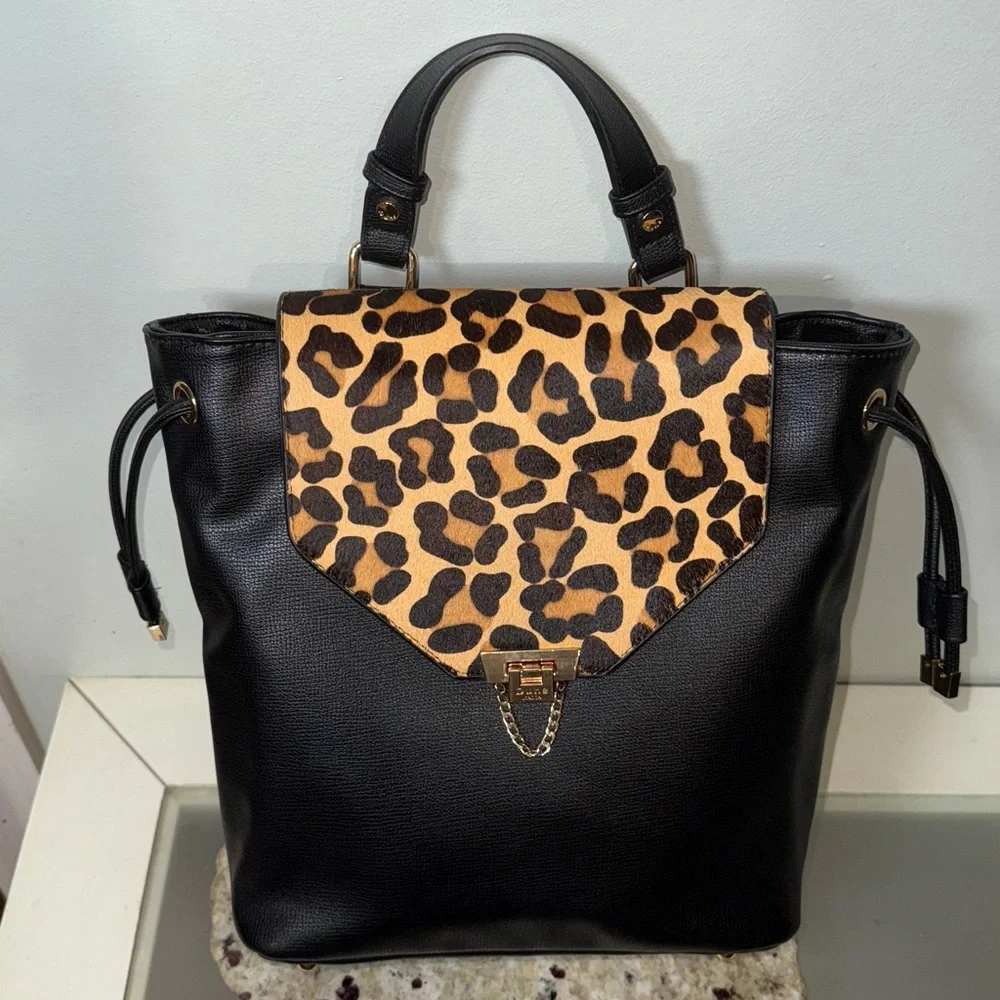 DUNE LONDON GENUINE CALF HAIR SAFFIANO LEATHER CHEETAH LEOPARD BACKPACK